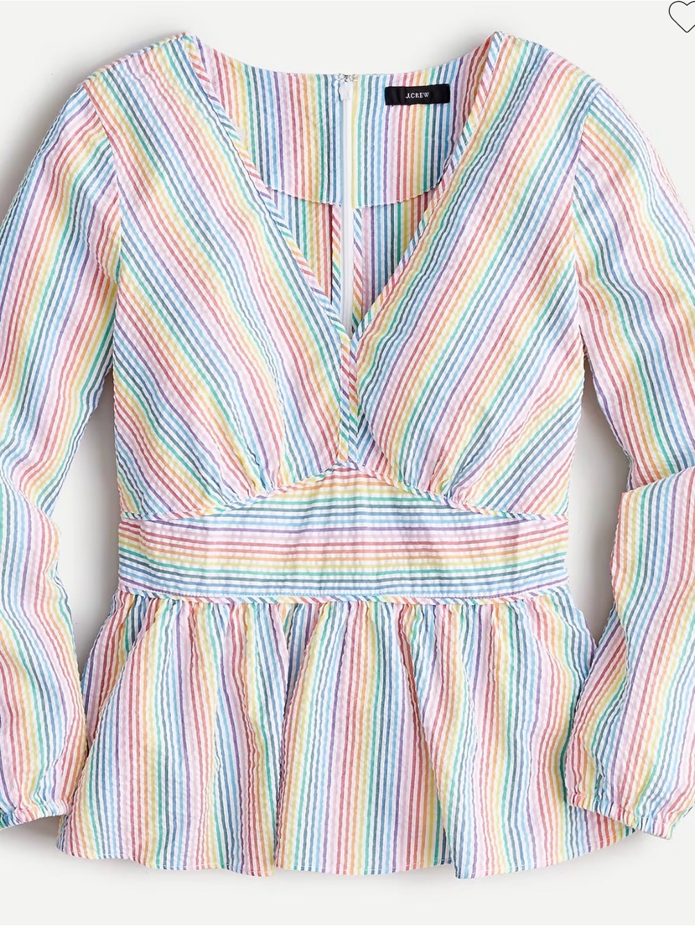 J. Crew Pastel Rainbow seersucker Stripe Peplum V-Neck Top
